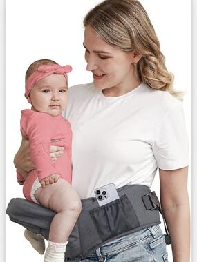 Must Have Gray Hip Seat Carrier with Pink Baby Headband